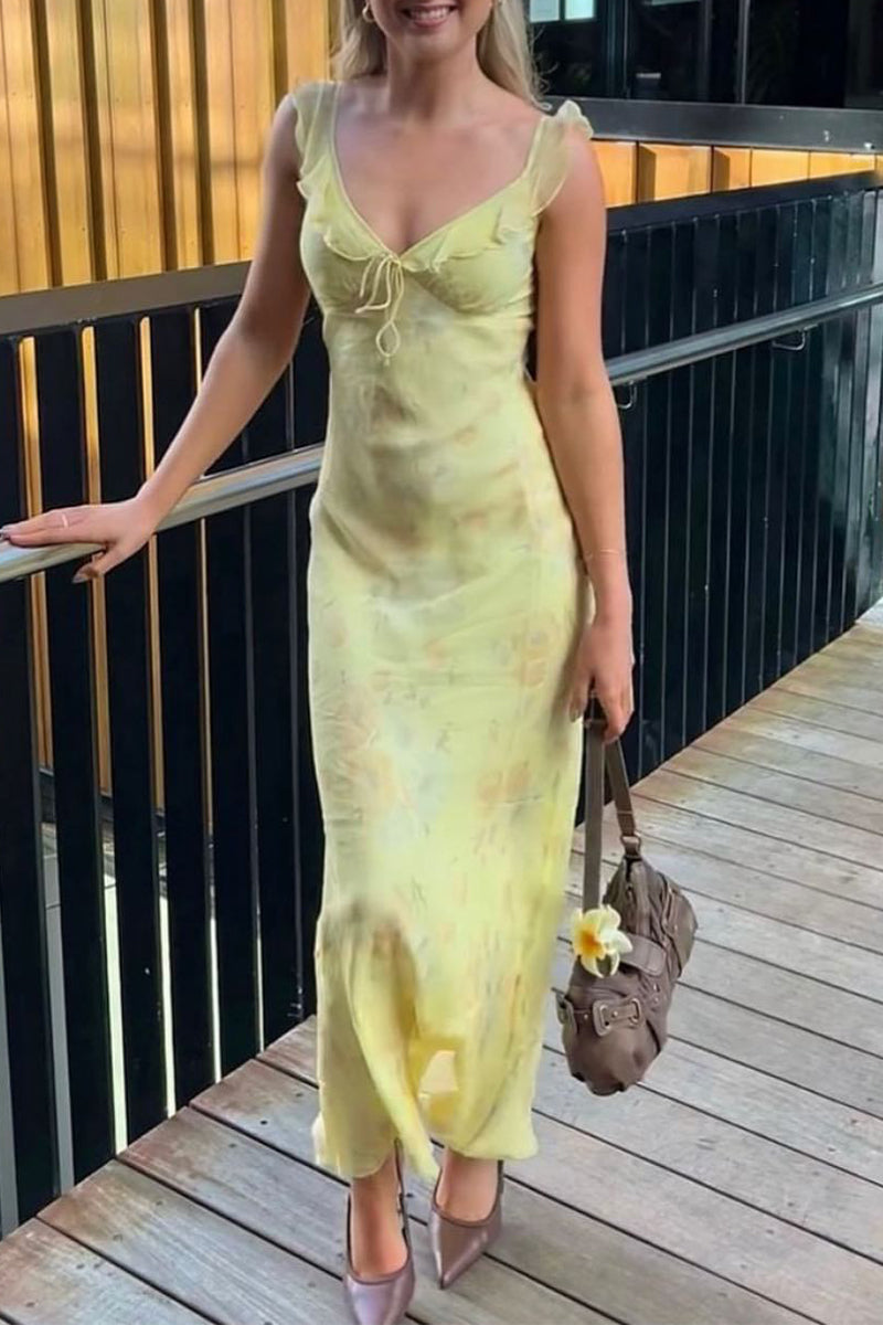Flowers Patchwork Backless Flounce V Neck Long Dresses