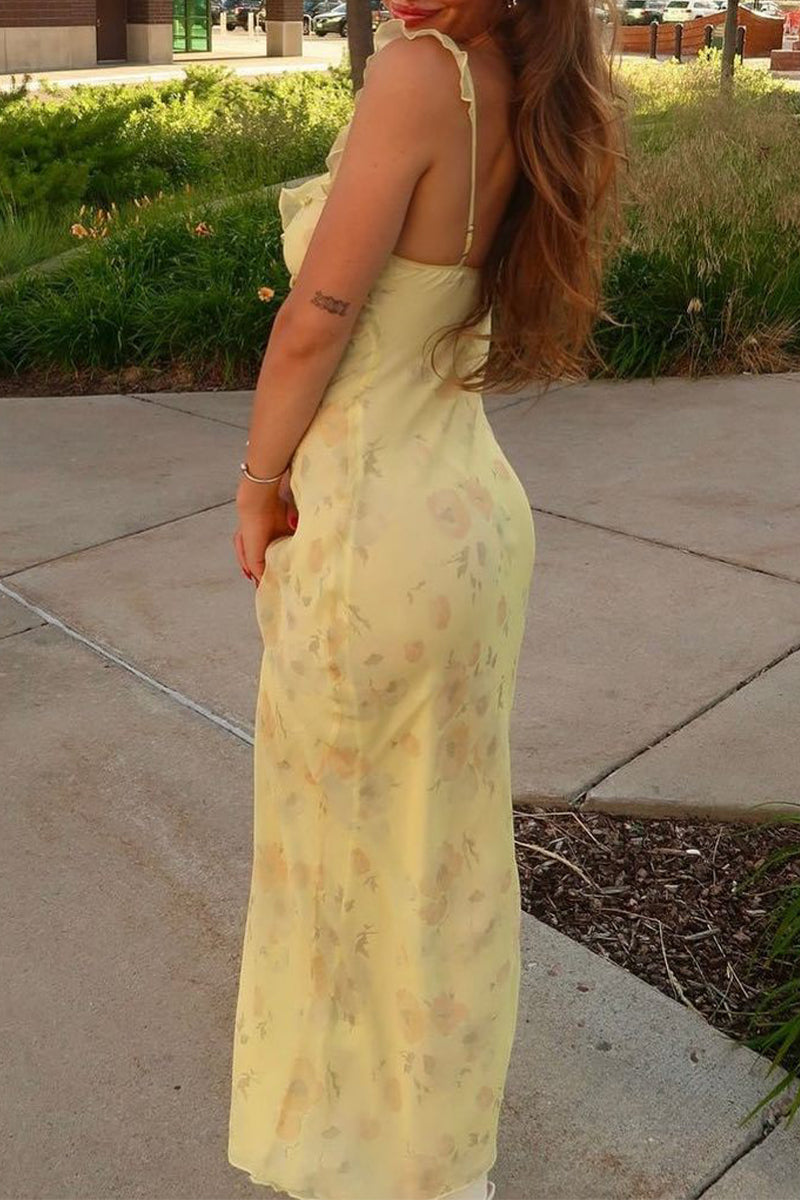 Flowers Patchwork Backless Flounce V Neck Long Dresses
