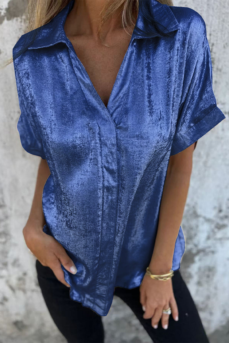 Bronzing Pattern Patchwork Turndown Collar Blouses(5 Colors)