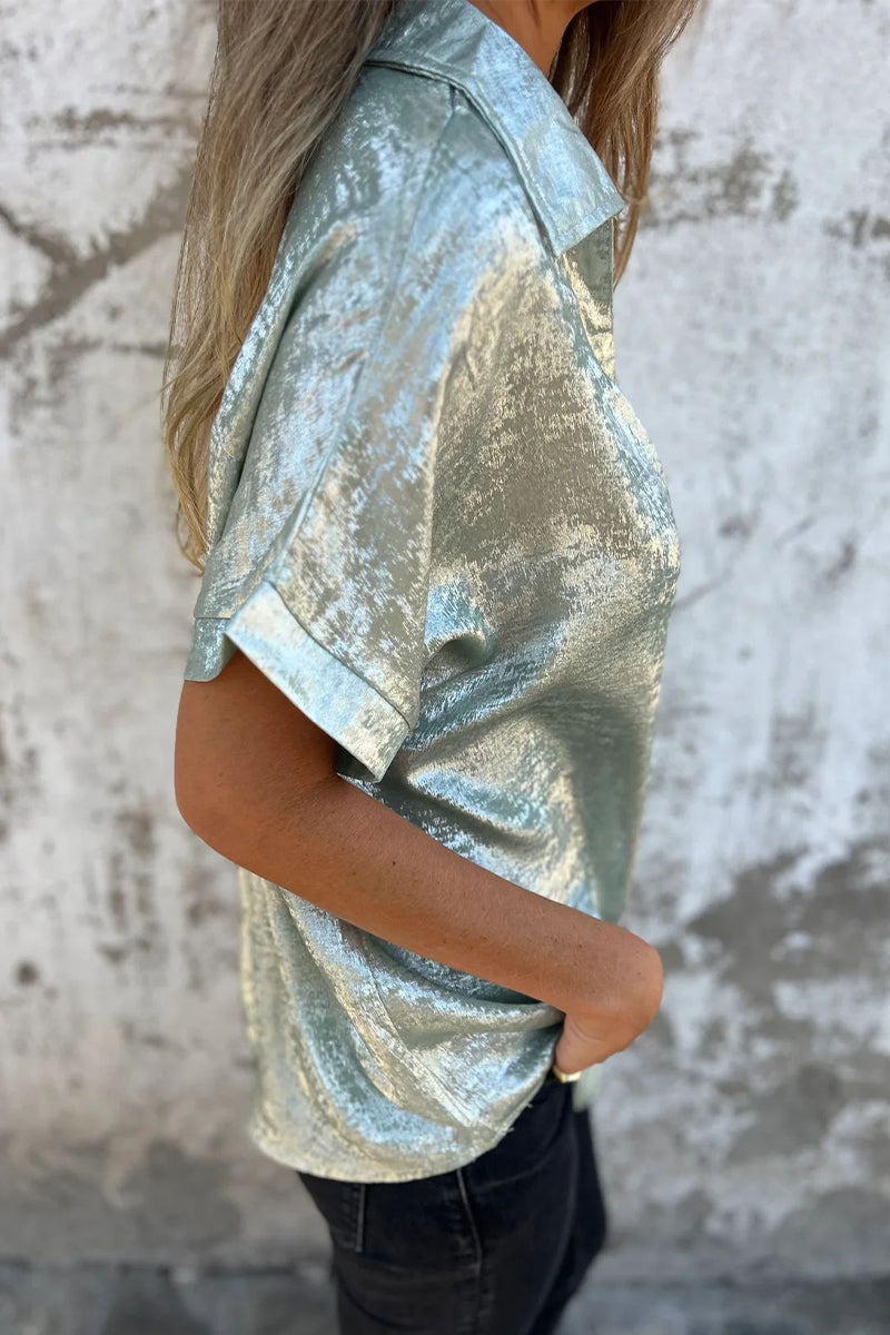 Bronzing Pattern Patchwork Turndown Collar Blouses(5 Colors)