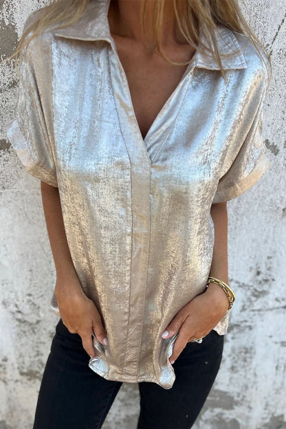Bronzing Pattern Patchwork Turndown Collar Blouses(5 Colors)