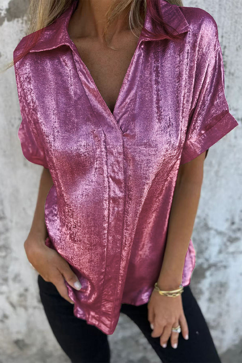 Bronzing Pattern Patchwork Turndown Collar Blouses(5 Colors)