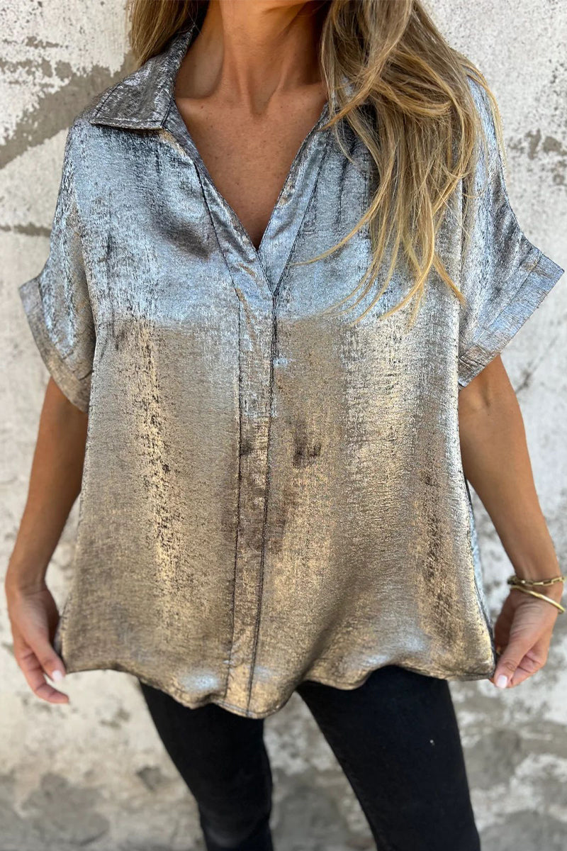 Bronzing Pattern Patchwork Turndown Collar Blouses(5 Colors)