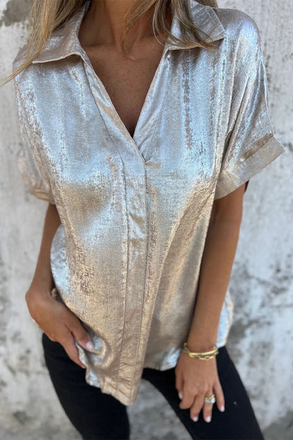 Bronzing Pattern Patchwork Turndown Collar Blouses(5 Colors)