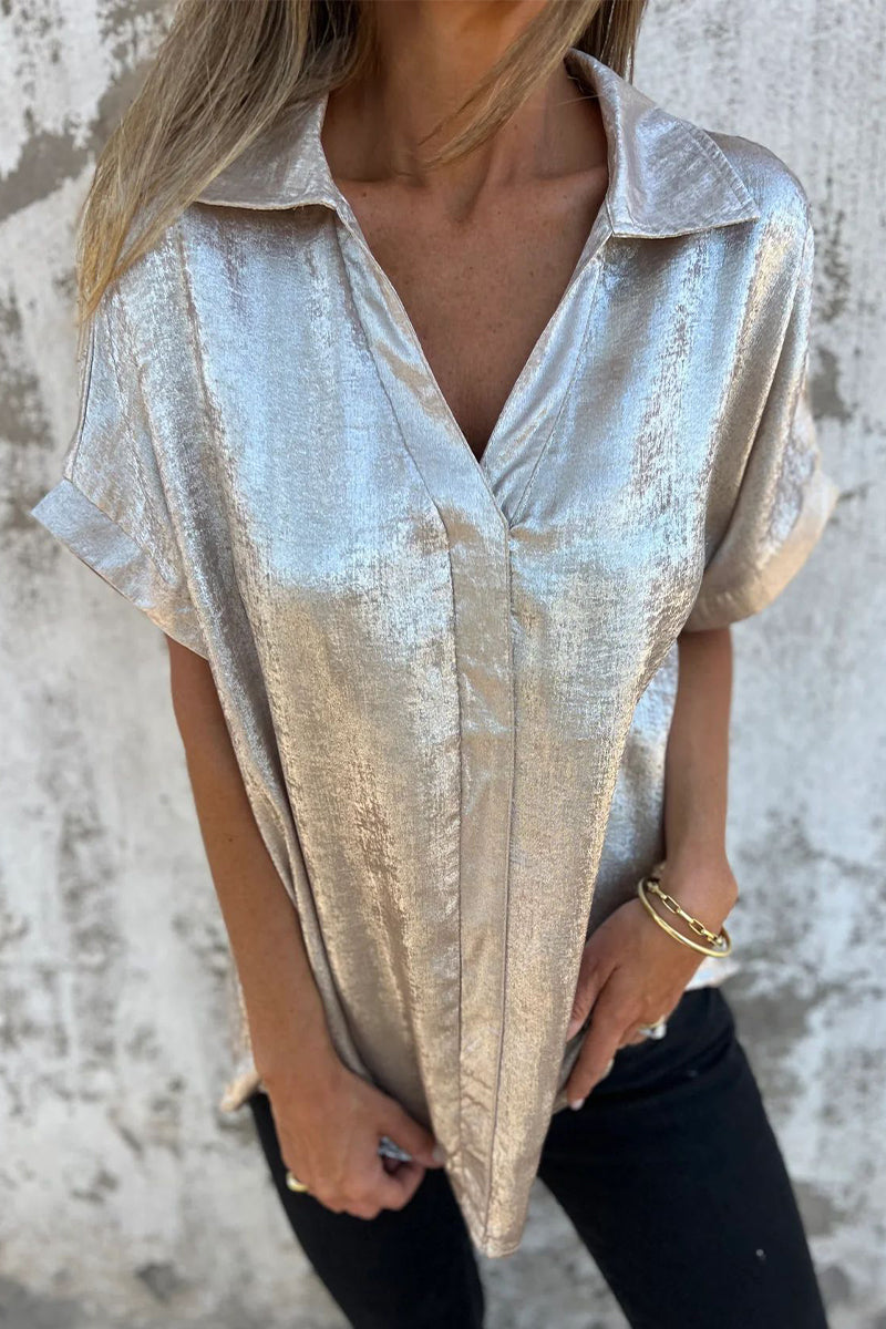 Bronzing Pattern Patchwork Turndown Collar Blouses(5 Colors)