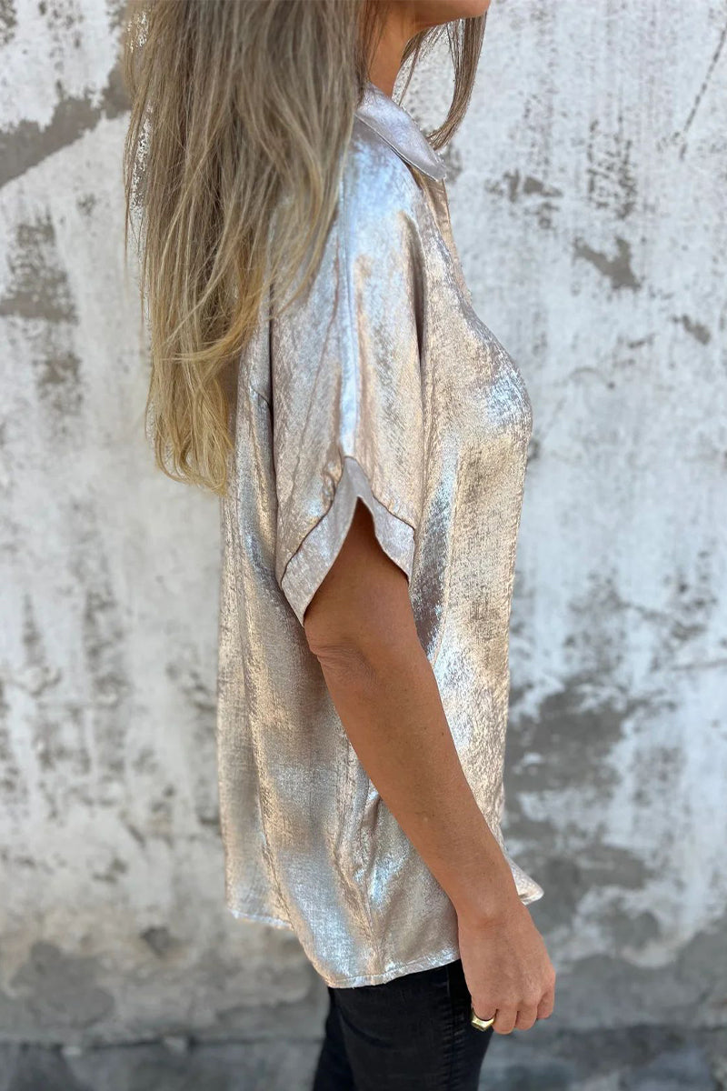 Bronzing Pattern Patchwork Turndown Collar Blouses(5 Colors)