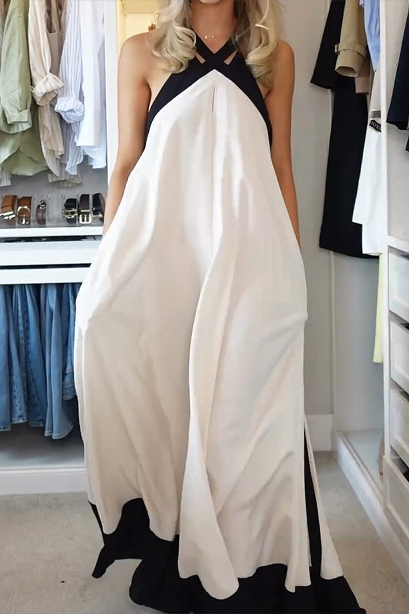Patchwork Contrast Halter Long Dresses