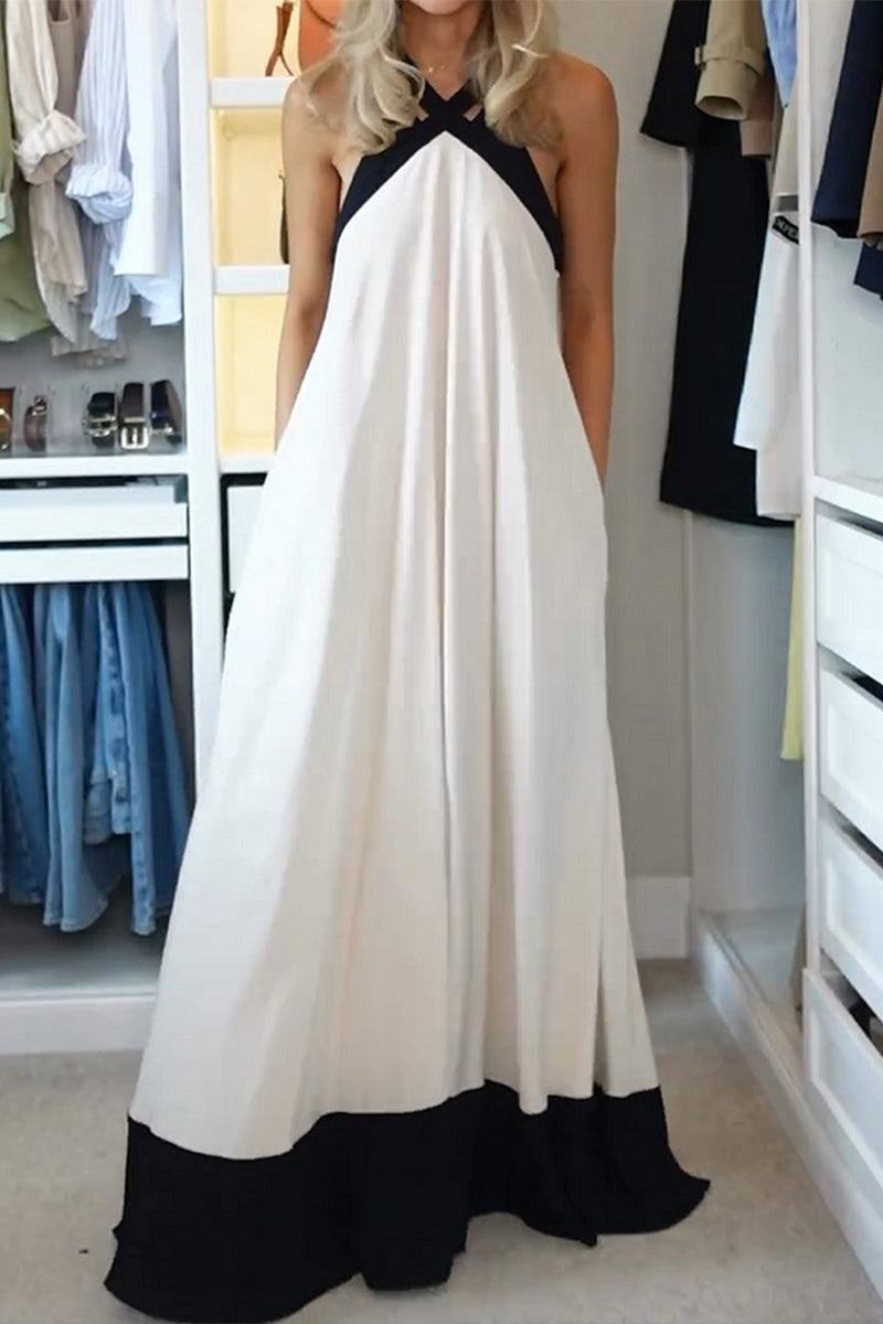 Patchwork Contrast Halter Long Dresses