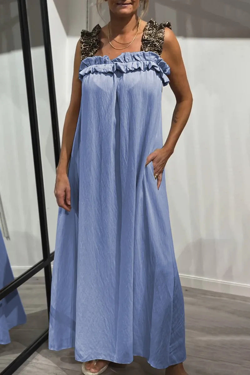 Leopard Pocket Patchwork Flounce Square Neck Long Dresses(8 Colors)