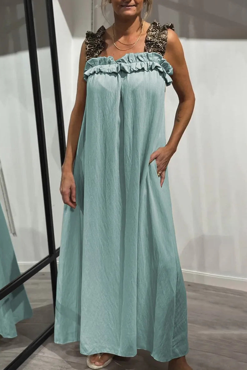 Leopard Pocket Patchwork Flounce Square Neck Long Dresses(8 Colors)