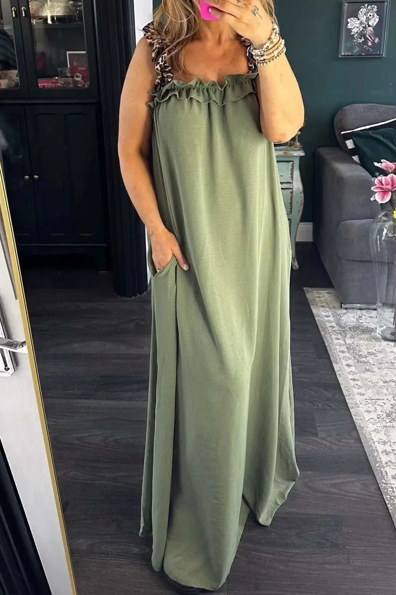 Leopard Pocket Patchwork Flounce Square Neck Long Dresses(8 Colors)
