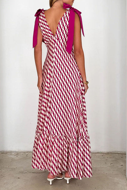 Striped Print Lace Up Contrast V Neck Long Dresses