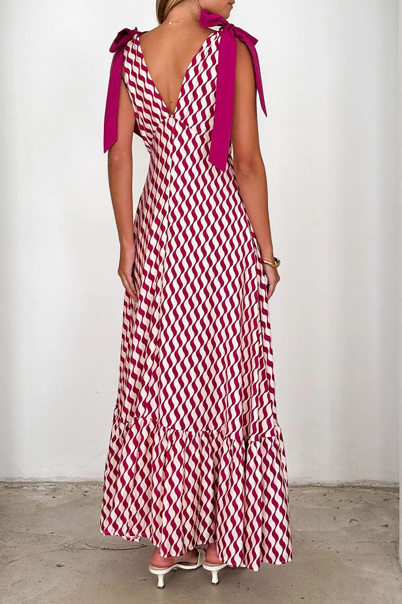 Striped Print Lace Up Contrast V Neck Long Dresses
