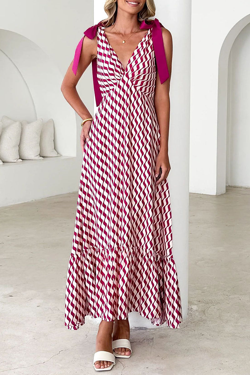 Striped Print Lace Up Contrast V Neck Long Dresses