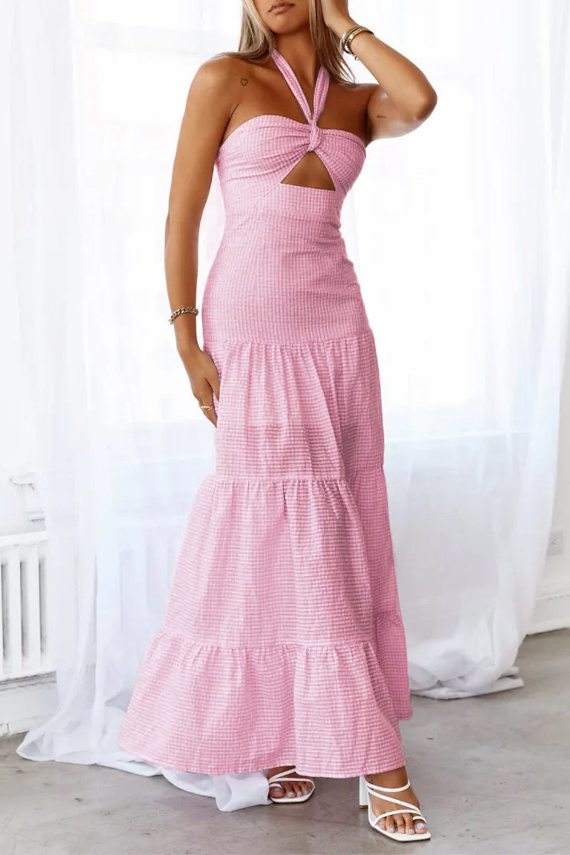 Jacquard Lace Up Halter Long Dresses