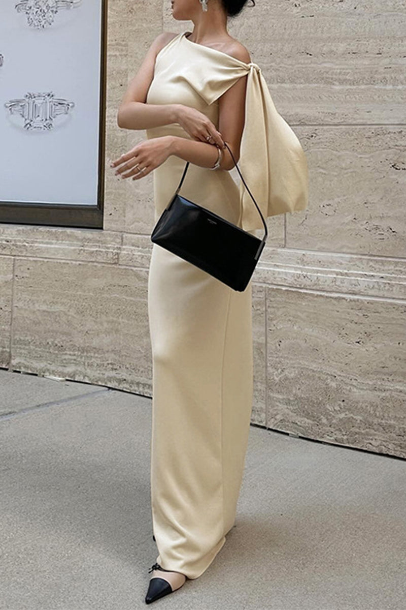 Color Lace Up Irregular Sloping Shoulder Long Dresses