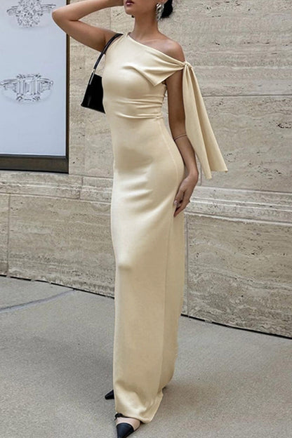 Color Lace Up Irregular Sloping Shoulder Long Dresses