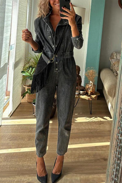 Color Distressed Pocket Buckle O Neck Long Sleeve Regular Denim Jumpsuits