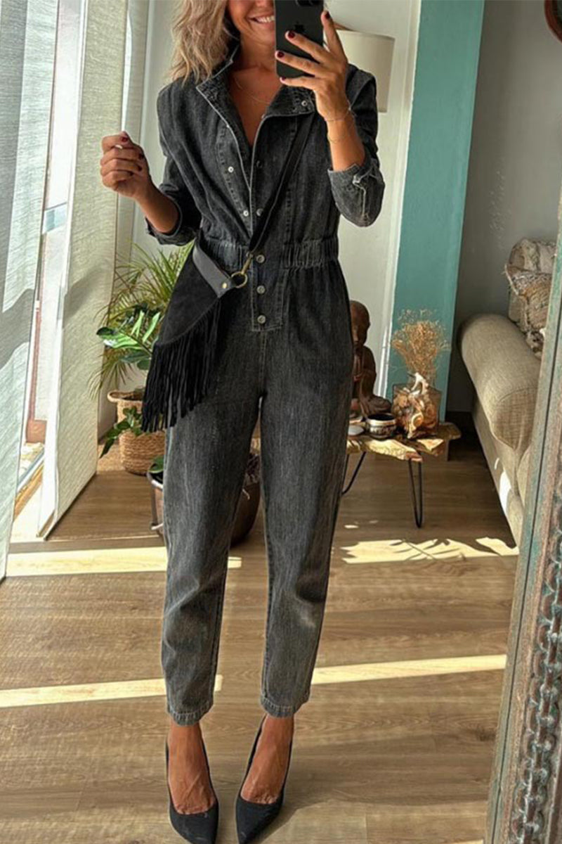 Color Distressed Pocket Buckle O Neck Long Sleeve Regular Denim Jumpsuits