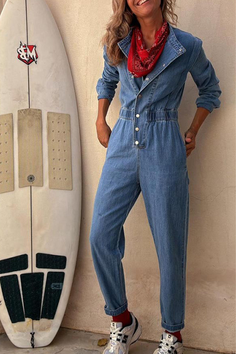 Color Distressed Pocket Buckle O Neck Long Sleeve Regular Denim Jumpsuits