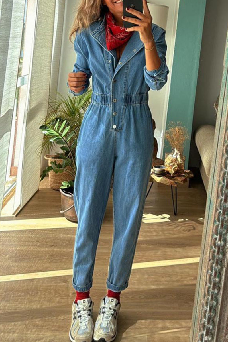 Color Distressed Pocket Buckle O Neck Long Sleeve Regular Denim Jumpsuits