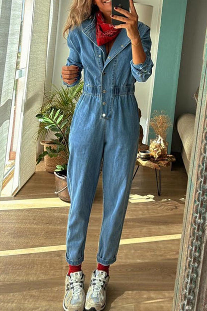 Color Distressed Pocket Buckle O Neck Long Sleeve Regular Denim Jumpsuits