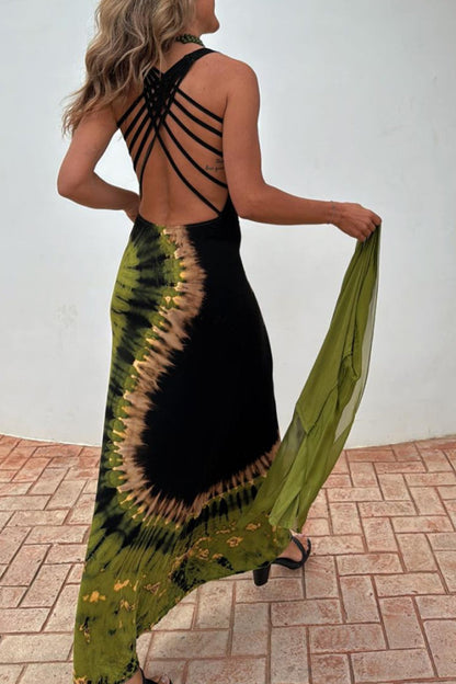 Tie Dye Backless Contrast U Neck Long Dresses(no Accessories)