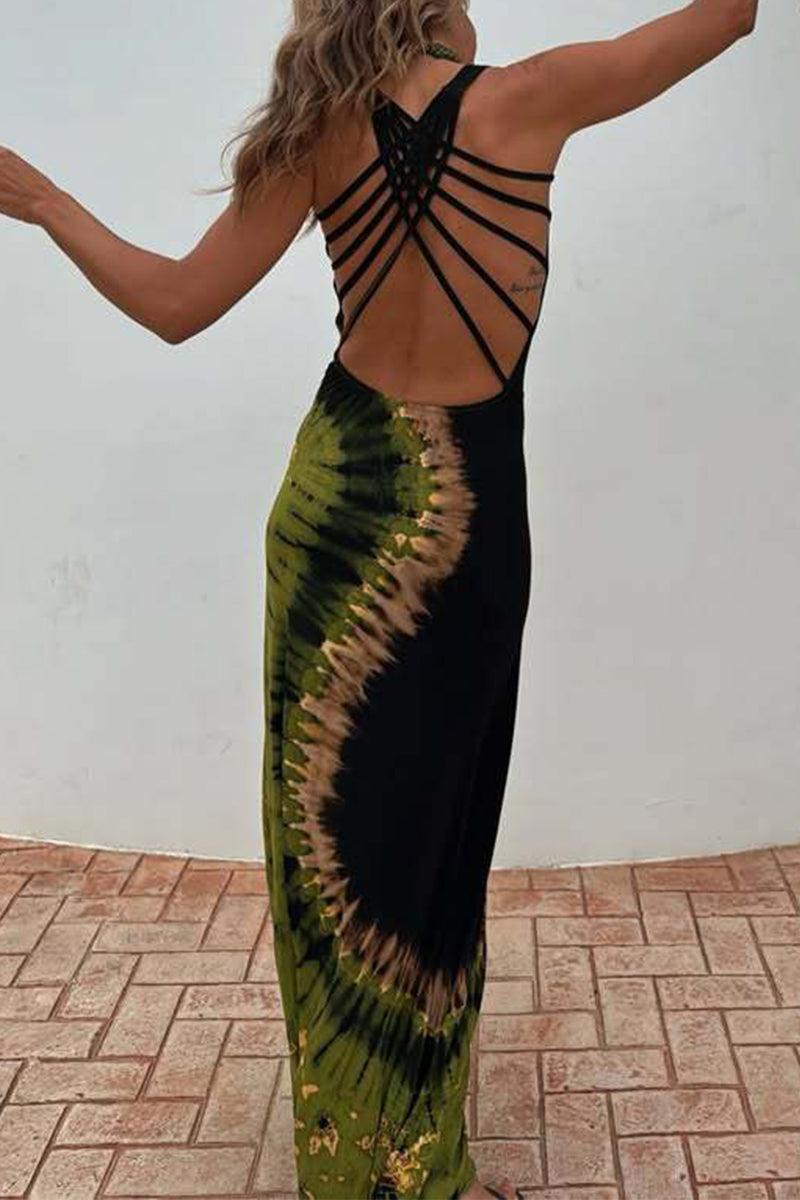 Tie Dye Backless Contrast U Neck Long Dresses(no Accessories)