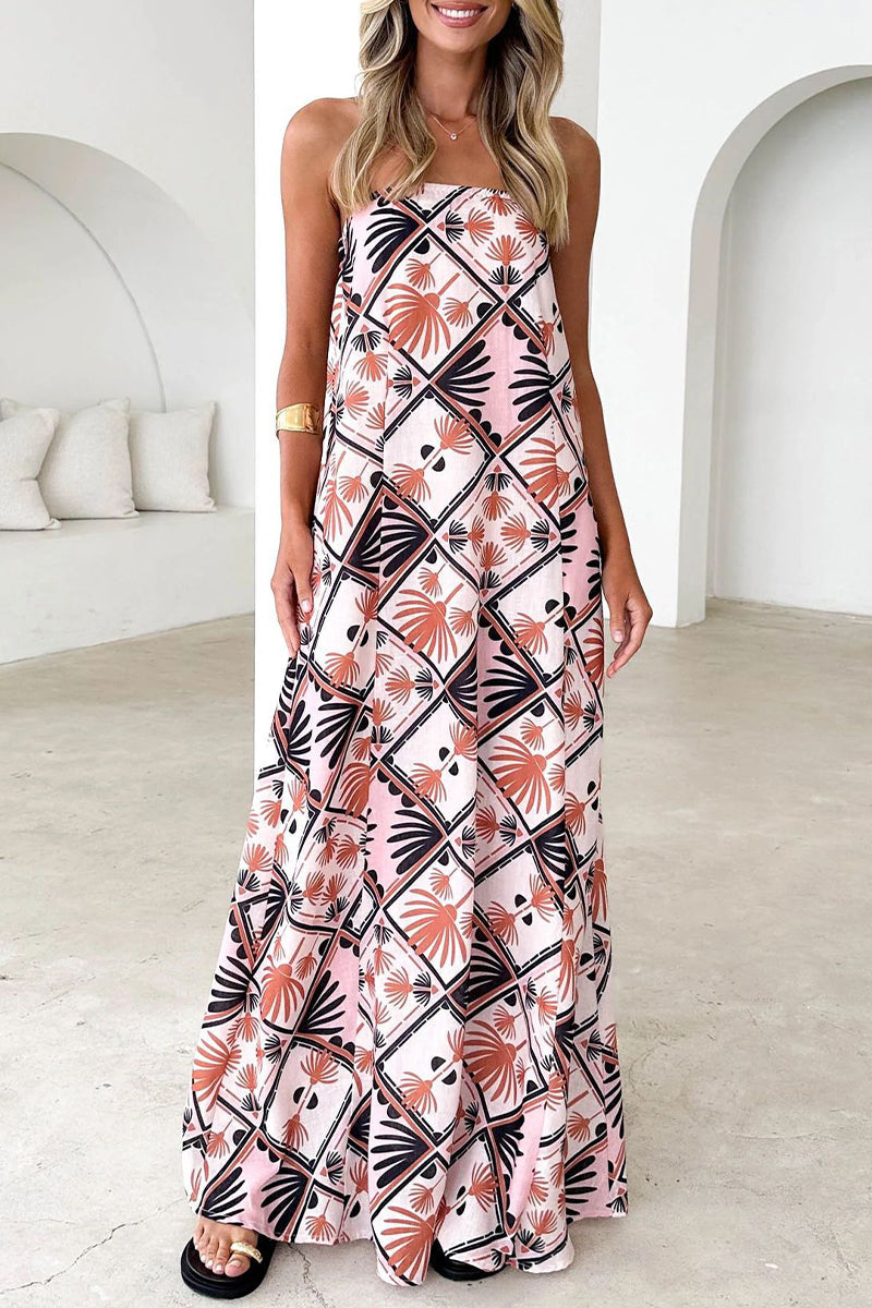 Vacation Print Zipper Contrast Strapless Long Dresses