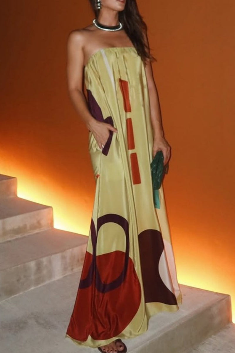 Geometric Print Contrast Strapless Long Dresses