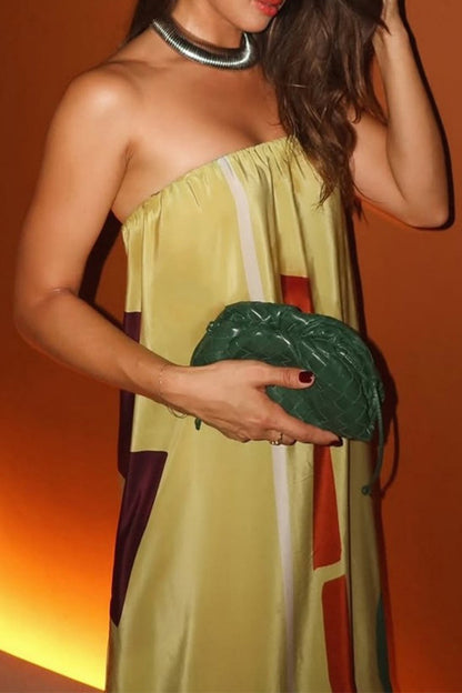 Geometric Print Contrast Strapless Long Dresses