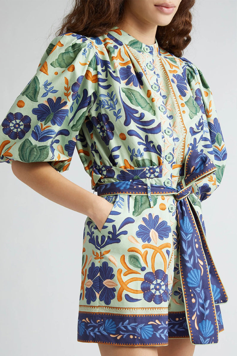 Print Lace Up Buttons O Neck Rompers