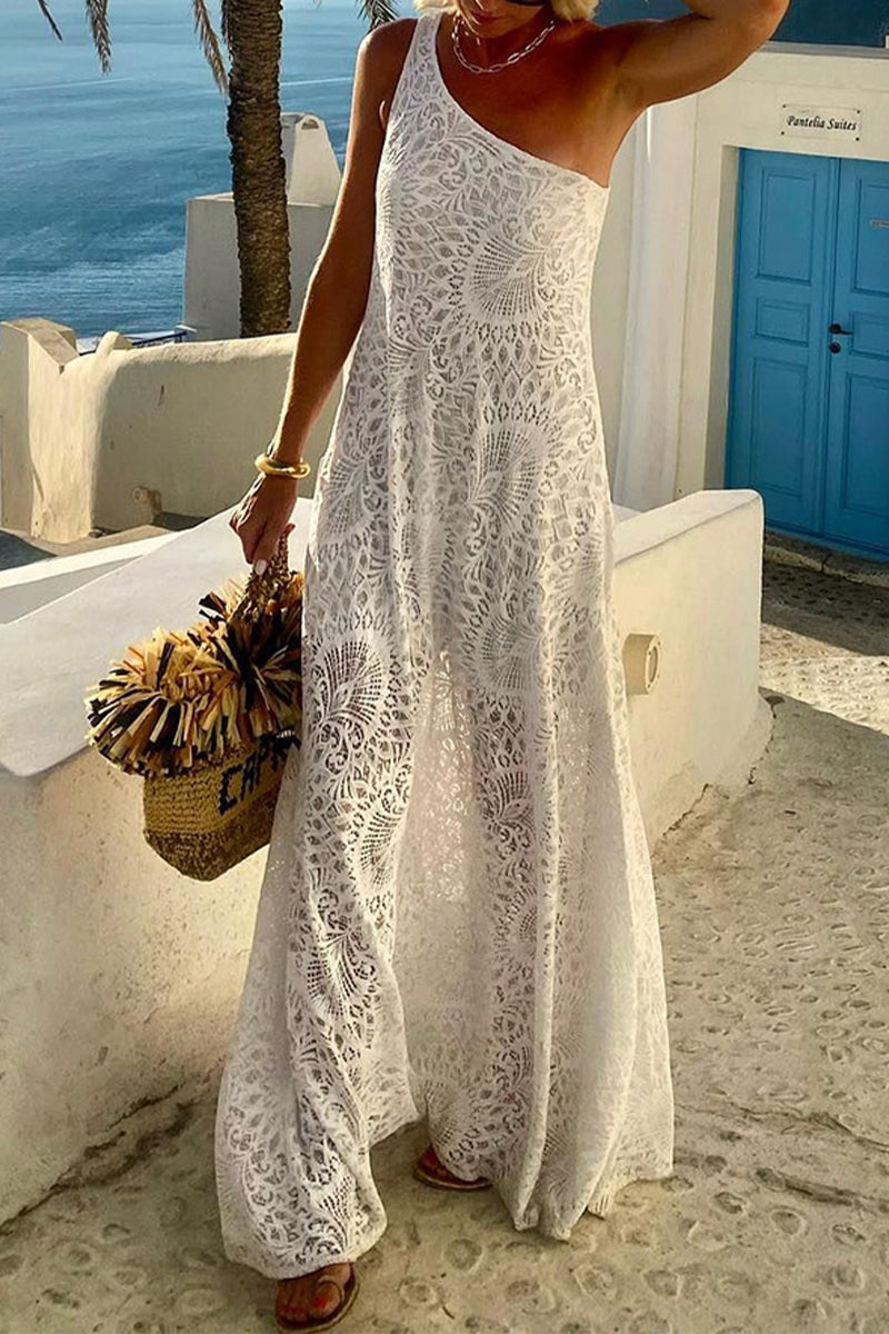 Color Lace Slit Sloping Shoulder Long Dresses