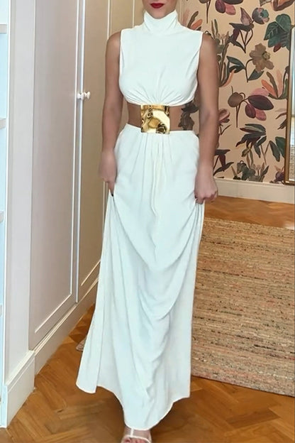 Color Hollow Out Metal Accessories Trim Turtleneck Long Dresses