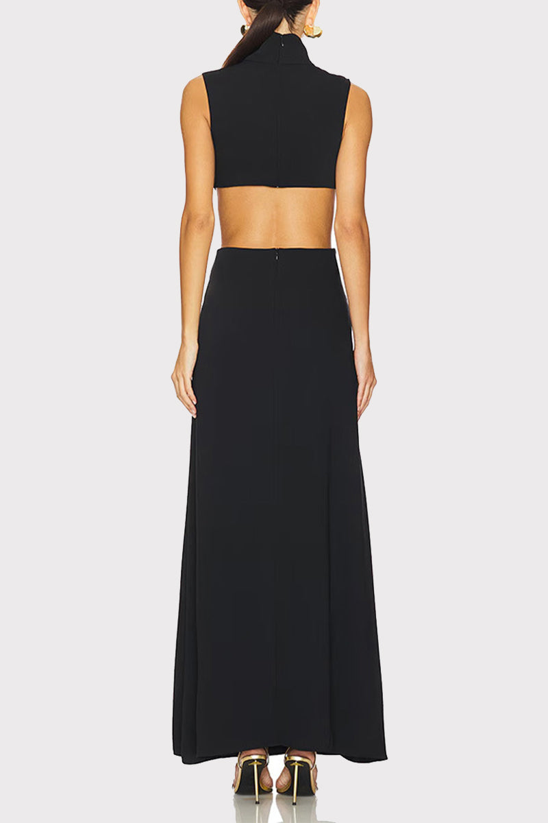Color Hollow Out Metal Accessories Trim Turtleneck Long Dresses