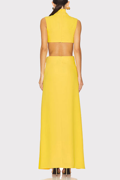 Color Hollow Out Metal Accessories Trim Turtleneck Long Dresses
