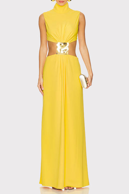 Color Hollow Out Metal Accessories Trim Turtleneck Long Dresses