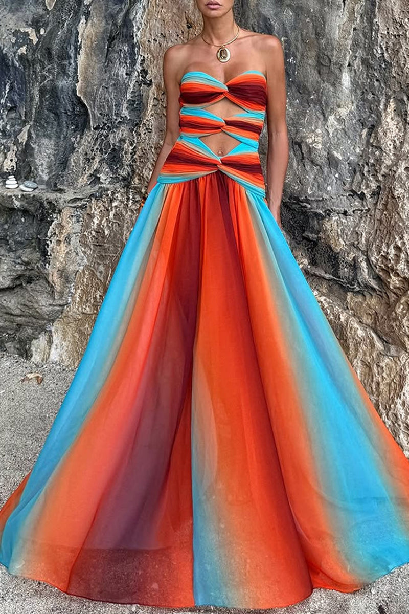 Gradient Print Irregular Strapless Long Dresses(the Color Is Not Fixed)