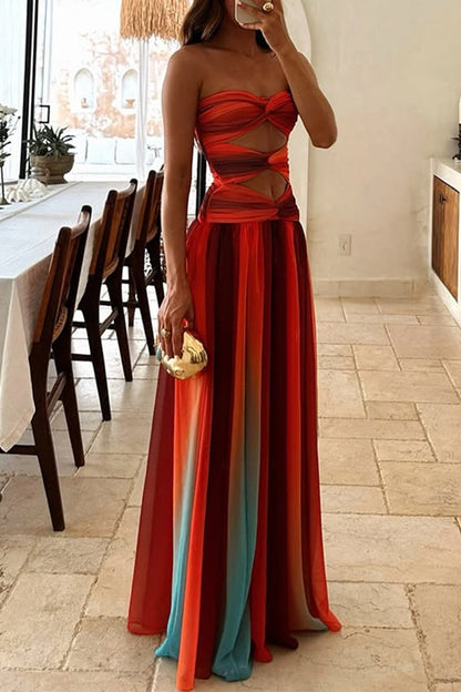Gradient Print Irregular Strapless Long Dresses(the Color Is Not Fixed)