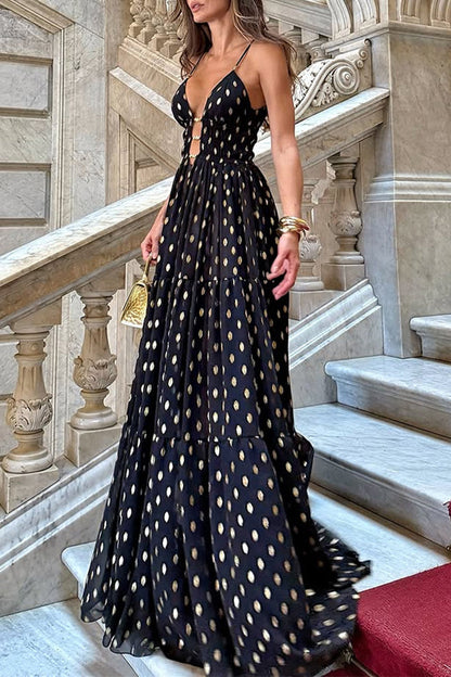 Polka Dot Contrast V Neck Long Dresses