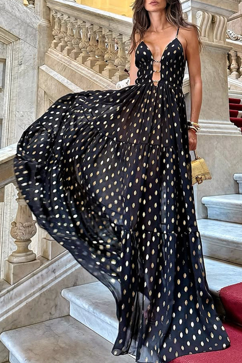 Polka Dot Contrast V Neck Long Dresses
