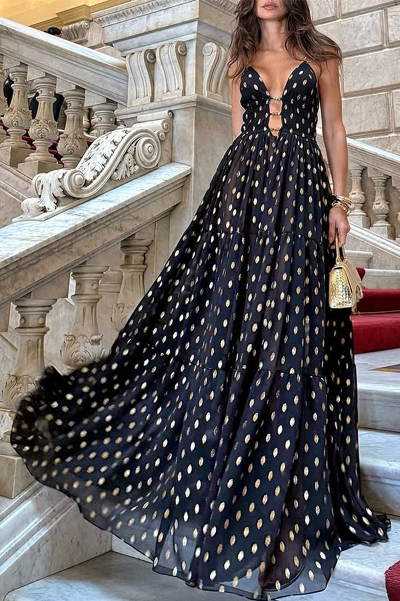 Polka Dot Contrast V Neck Long Dresses