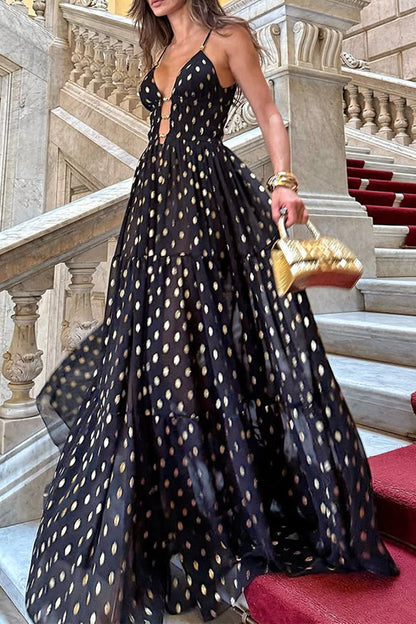 Polka Dot Contrast V Neck Long Dresses