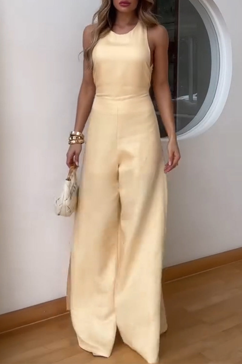 Color Patchwork Slit O Neck Jumpsuits