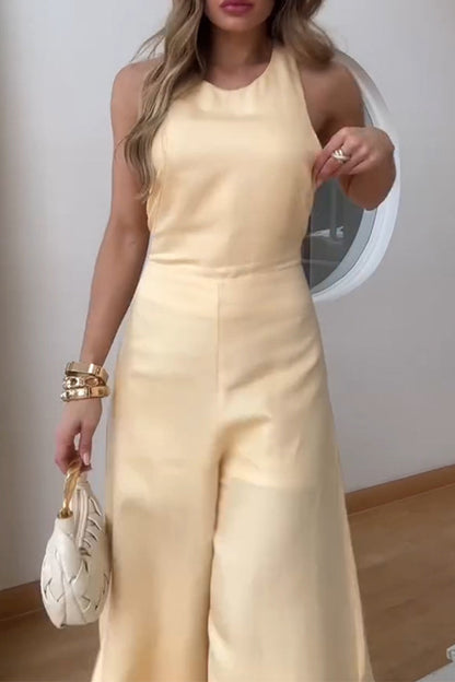 Color Patchwork Slit O Neck Jumpsuits