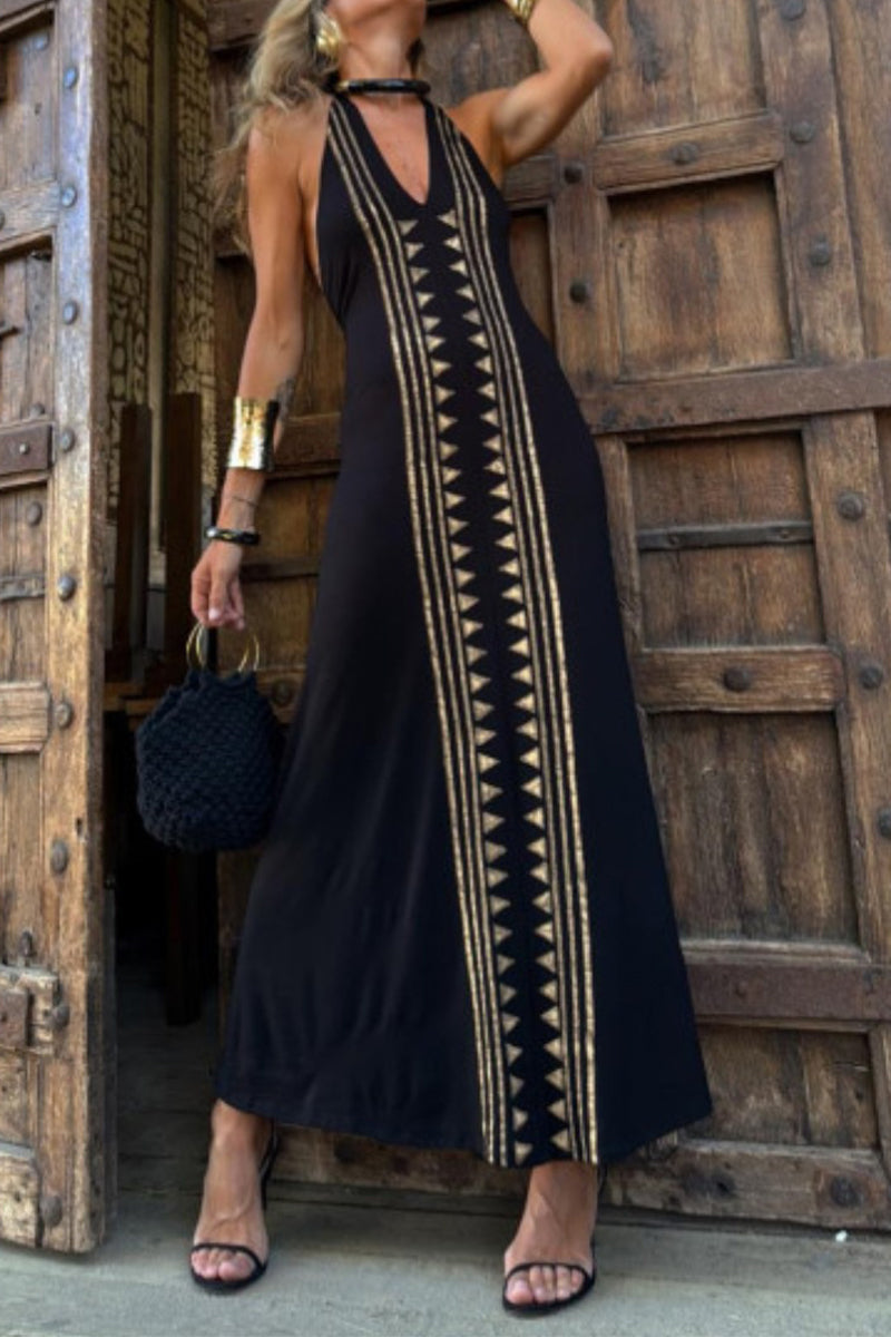 Geometric Print Backless Halter One Step Skirt Dresses
