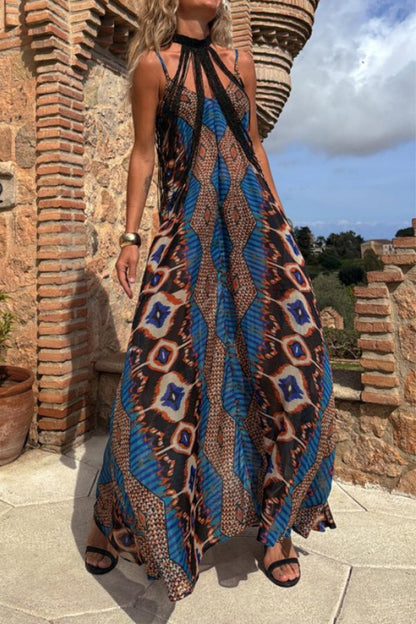 Geometric Print Pocket Contrast V Neck Long Dresses