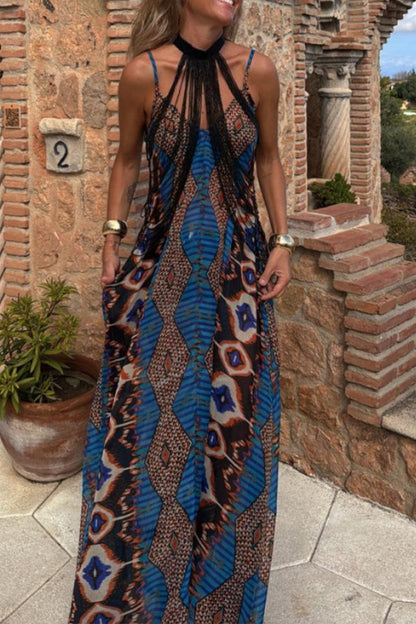 Geometric Print Pocket Contrast V Neck Long Dresses