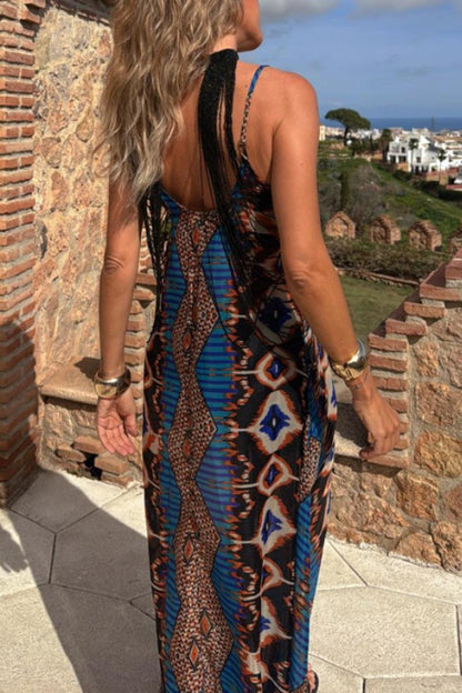 Geometric Print Pocket Contrast V Neck Long Dresses