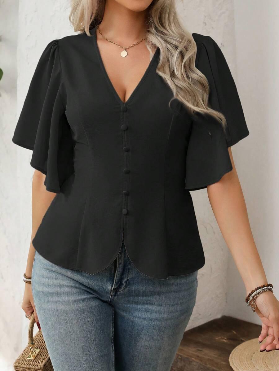 V Neck Button Front Blouse Flared Sleeves